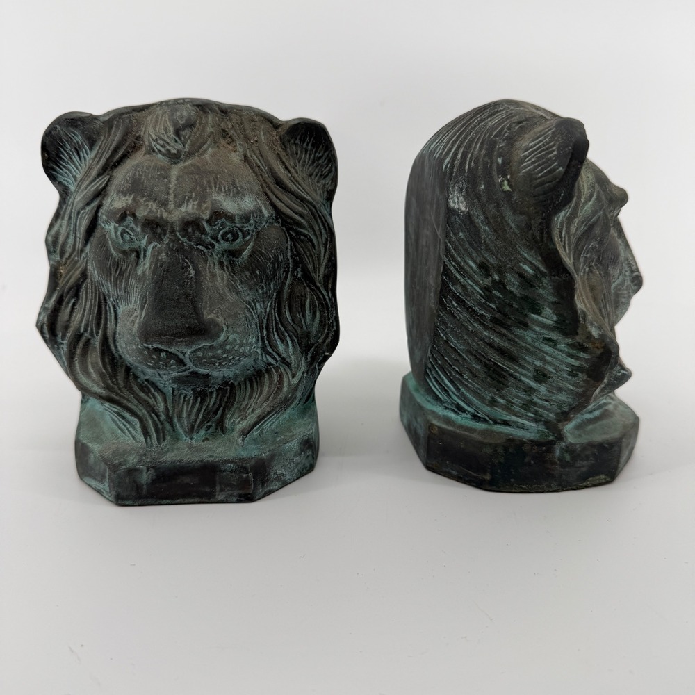 Vintage Lion Head Bookends Pair Verdigris Patina Finish Made in Korea Figurine